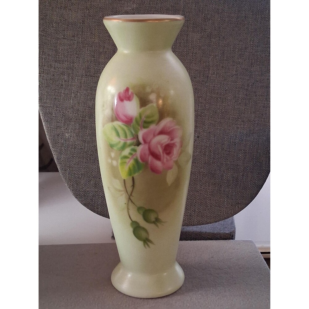 Lefton green bud vase wth pink flowers